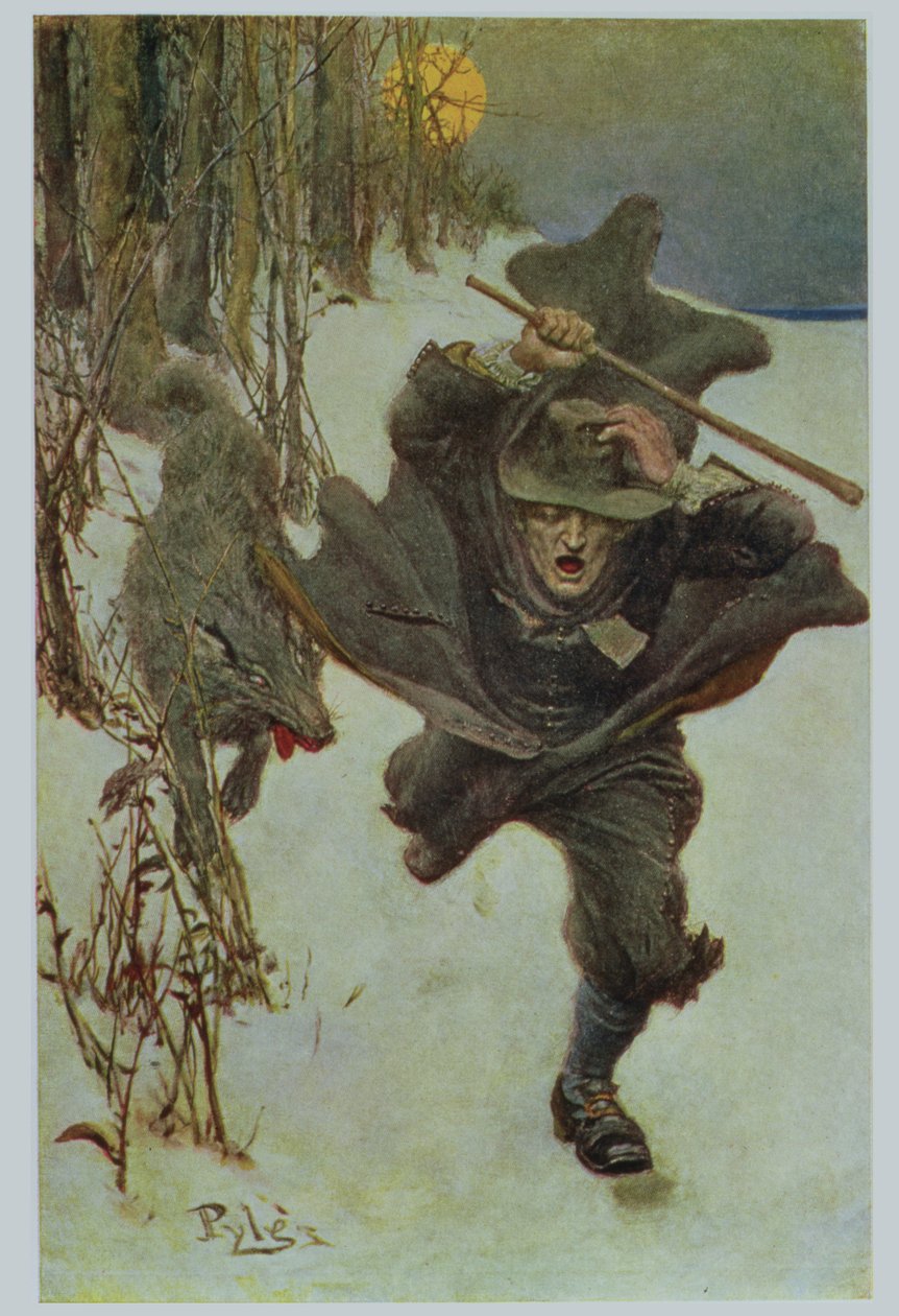 En gång jagade den doktor Wilkinson in i själva staden, illustration från "The Salem Wolf" av Howard Pyle, pub. i Harper
