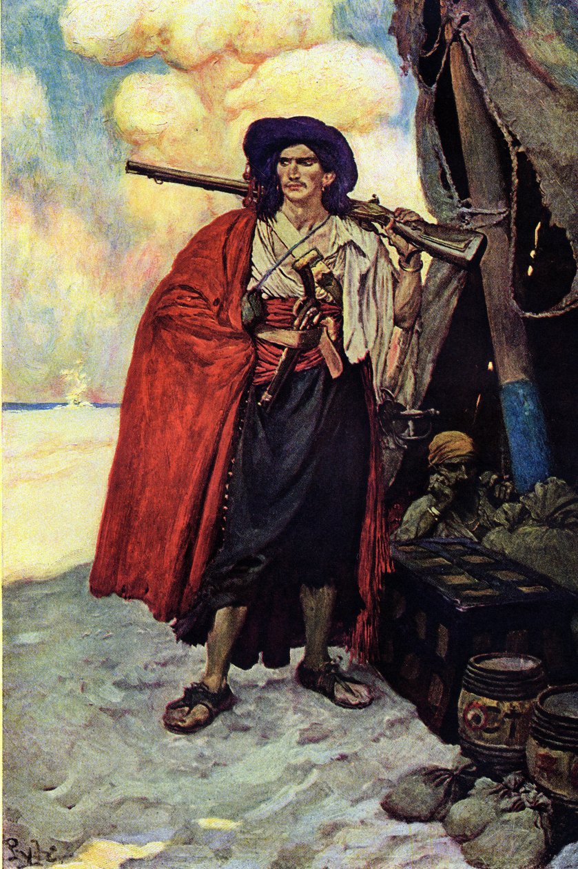 Porträtt av en pirat beväpnad med ett gevär. Nära honom skattmästaren och tältet som satts upp på öns ödemark. Illustration från "Book of pirates Buccaneers and Marooners of the Spanish Main" av Howard Pyle (1853-1911), amerikansk illustratör av Howard Pyle
