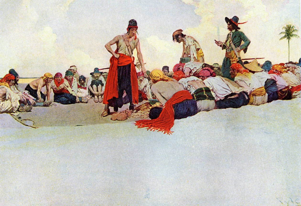 Dela skattmästaren mellan piraterna som återförenades i en cirkel. Illustration från "Book of pirates Buccaneers and Marooners of the Spanish Main" av Howard Pyle (1853-1911), amerikansk illustratör av Howard Pyle