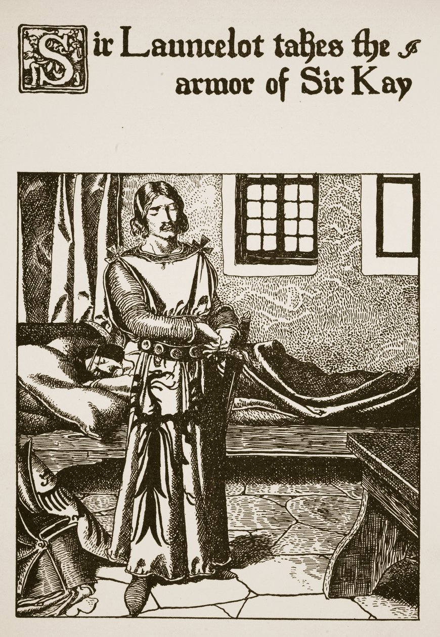 Sir Launcelot tar Sir Kays rustning, illustration från "The Story of the Champions of the Round Table" av Howard Pyle