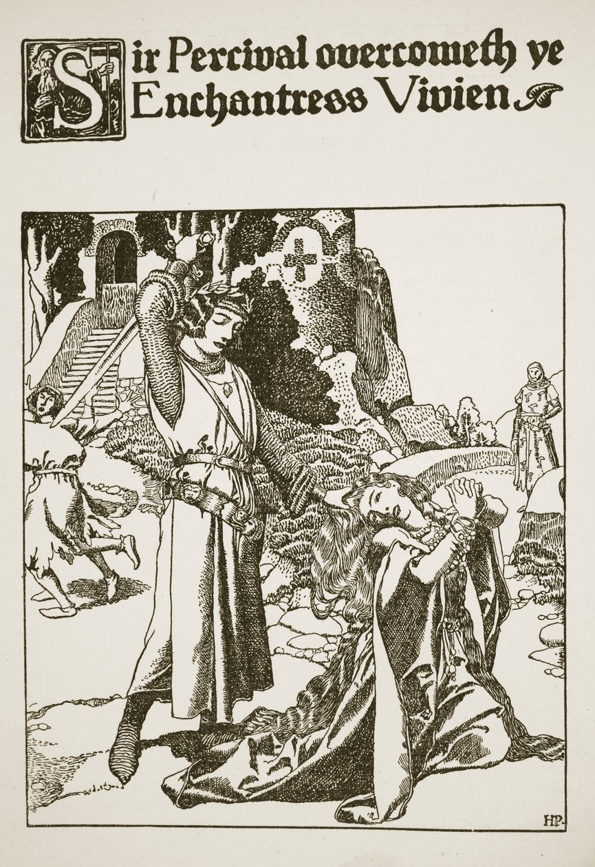 Sir Percival övervinner trollkarlen Vivien, illustration från "The Story of the Champions of the Round Table" av Howard Pyle