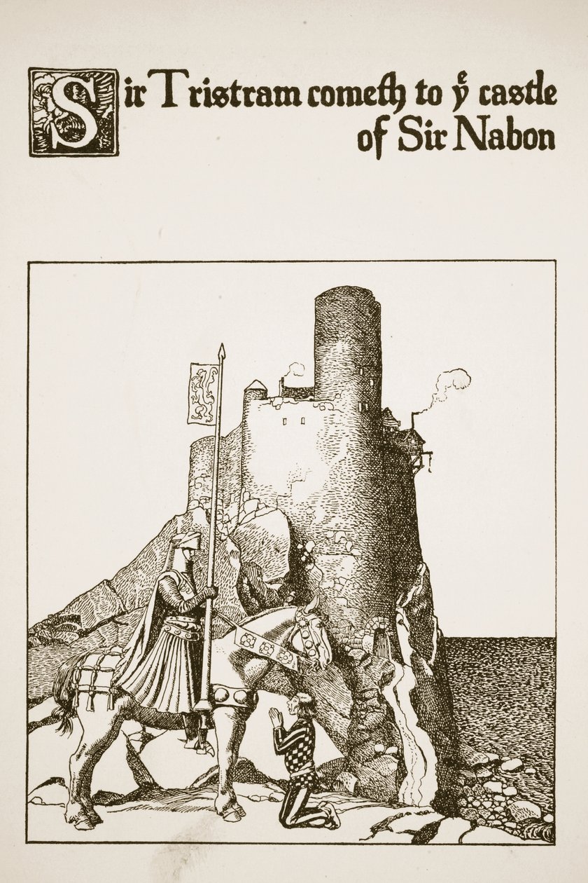Sir Tristram kommer till Sir Nabons slott, illustration från "The Story of the Champions of the Round Table" av Howard Pyle