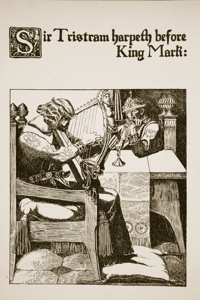 Sir Tristram harpetar inför kung Mark, illustration från 