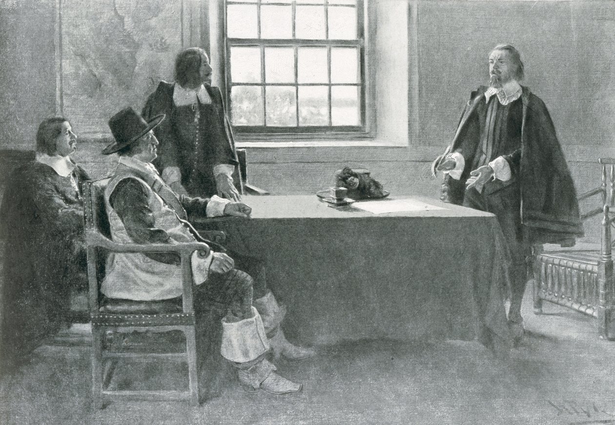 Sir William Berkeley som kapitulerar till kommissionärerna av Commonwealth, illustration från "I Washingtons dag" av Woodrow Wilson, pub. i Harper