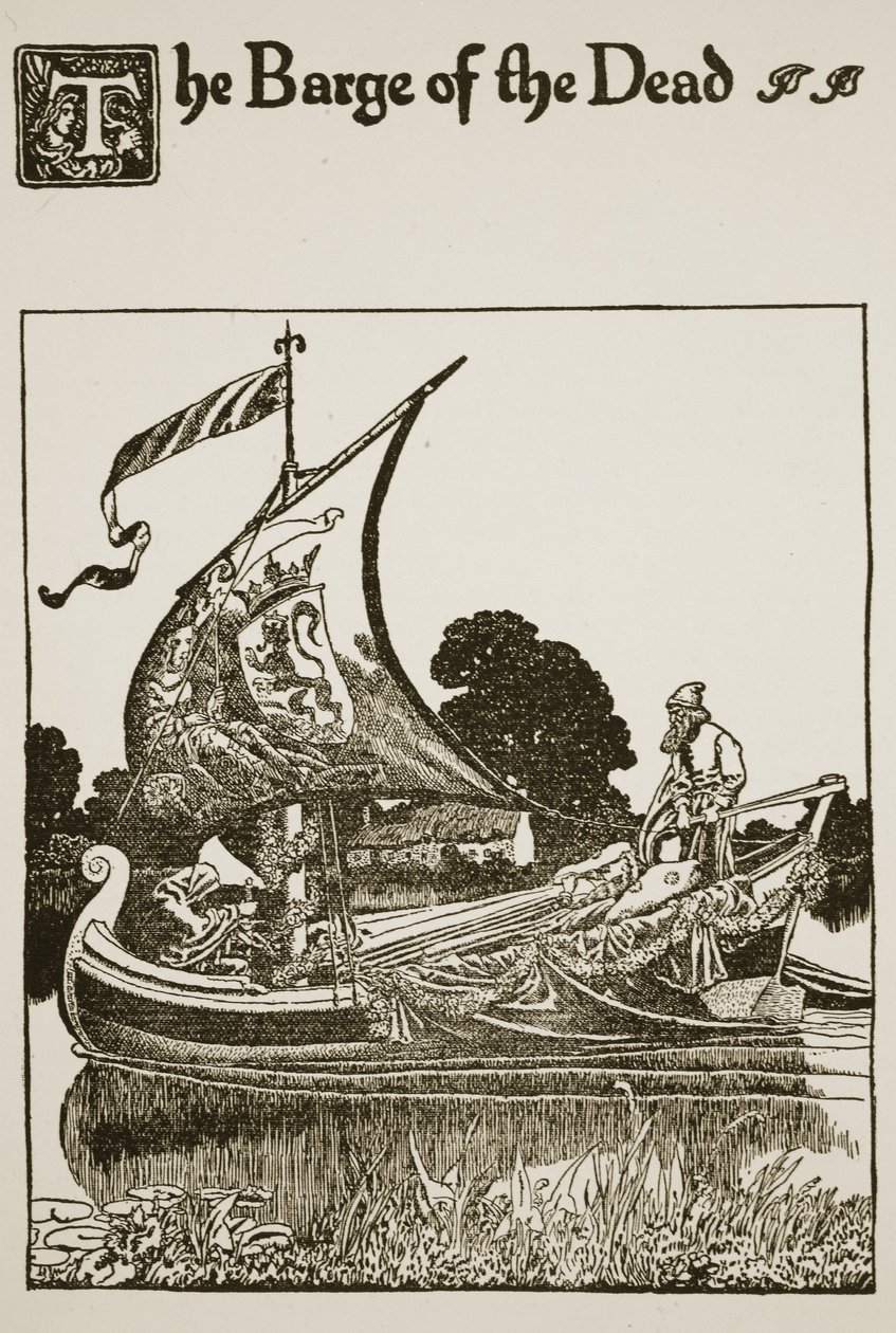 The Barge of the Dead, illustration från "Berättelsen om Sir Launcelot och hans följeslagare", 1907 av Howard Pyle