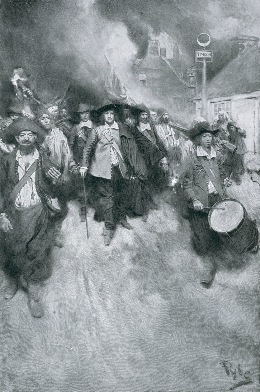 Bränningen av Jamestown, 1676, illustration från "kolonier och nation" av Woodrow Wilson, pub. i Harper