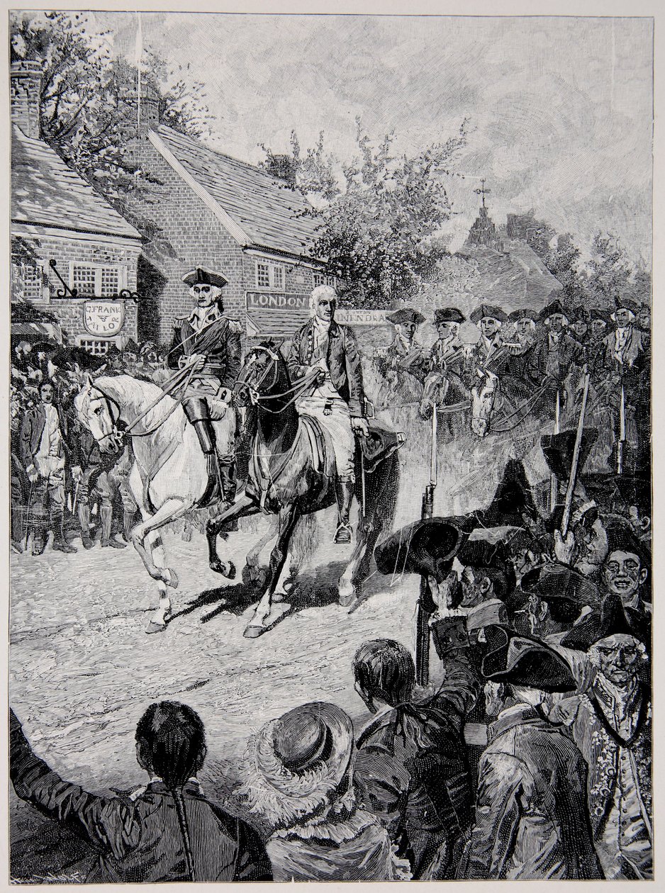 Civilprocessionen ledd av general Washington och guvernör Clinton av Howard Pyle