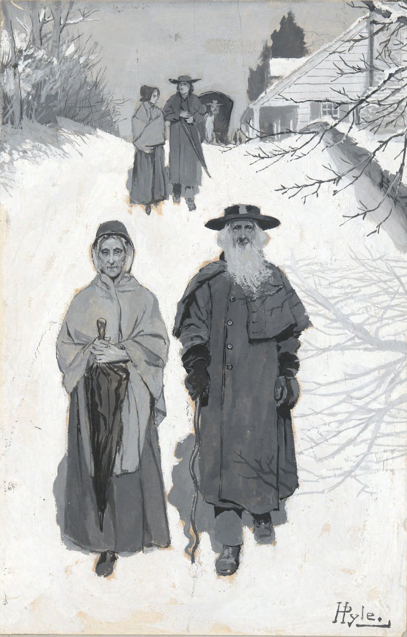 The Dunkers - Going to Meeting, teckning av en illustration publicerad i Harper av Howard Pyle
