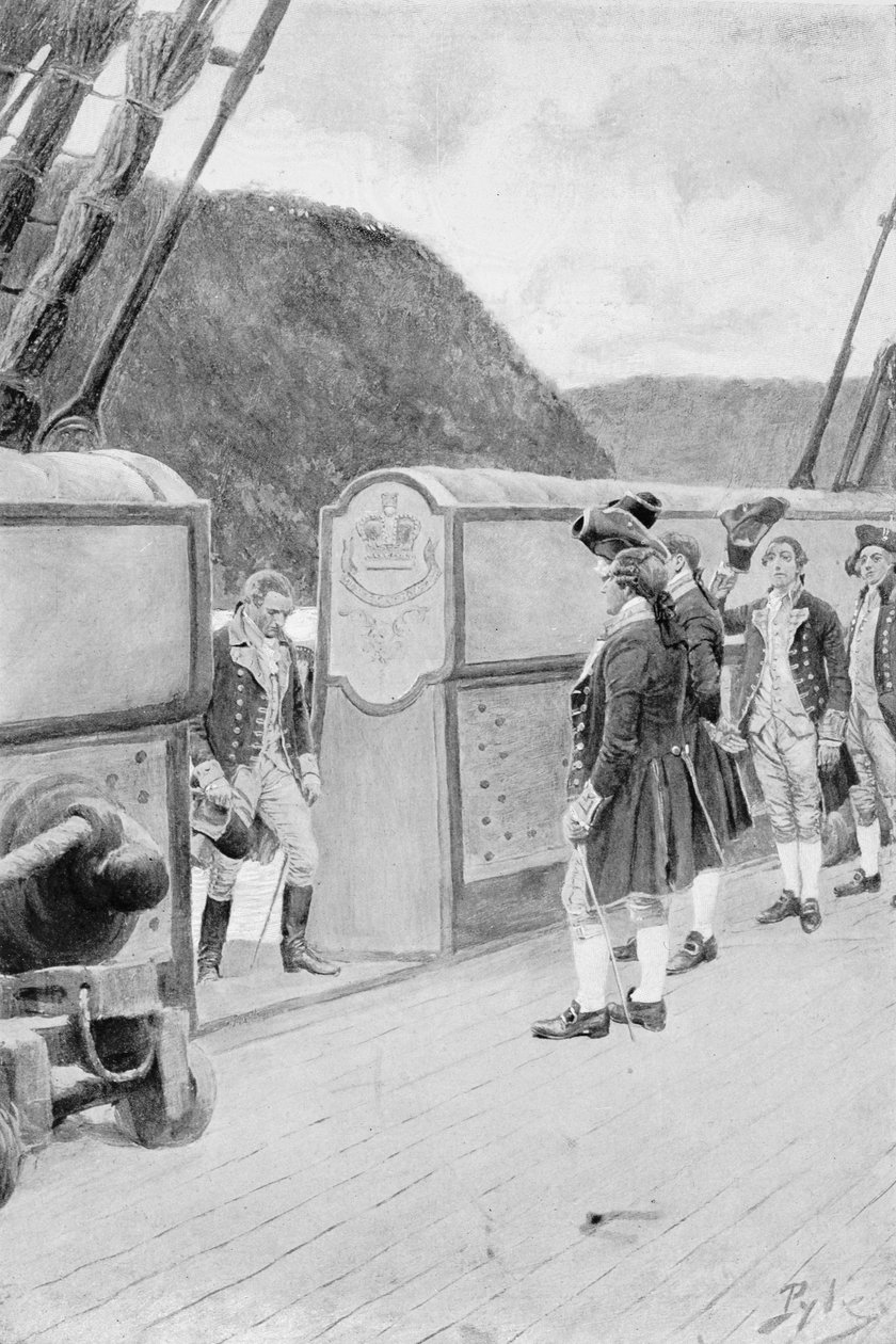 Flykten av Arnold på den brittiska Sloop-of-War "Vulture", illustration från "General Washington" av Woodrow Wilson, pub. i Harper