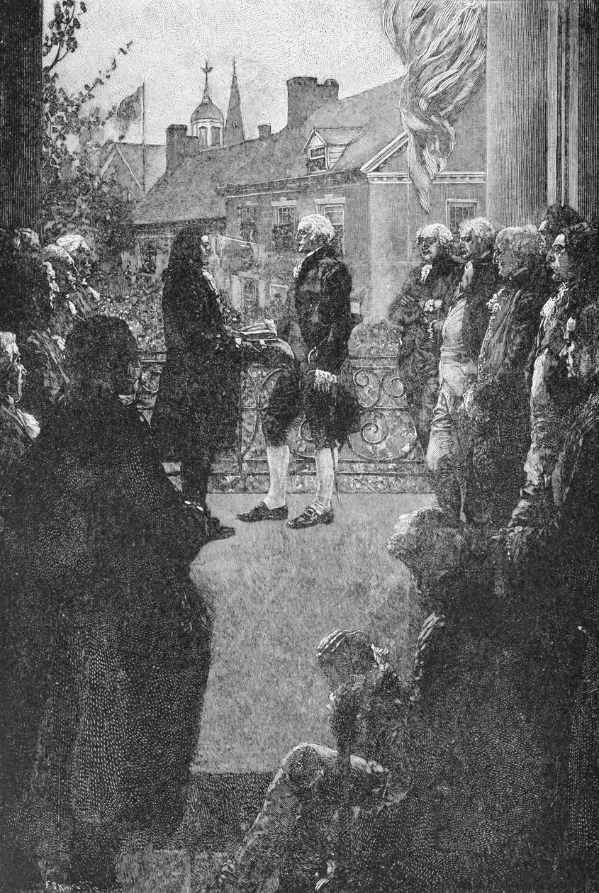 Invigningen, graverad av Francis Scott King, illustration från "Washingtons invigning" av John Bach McMaster, pub. i Harper