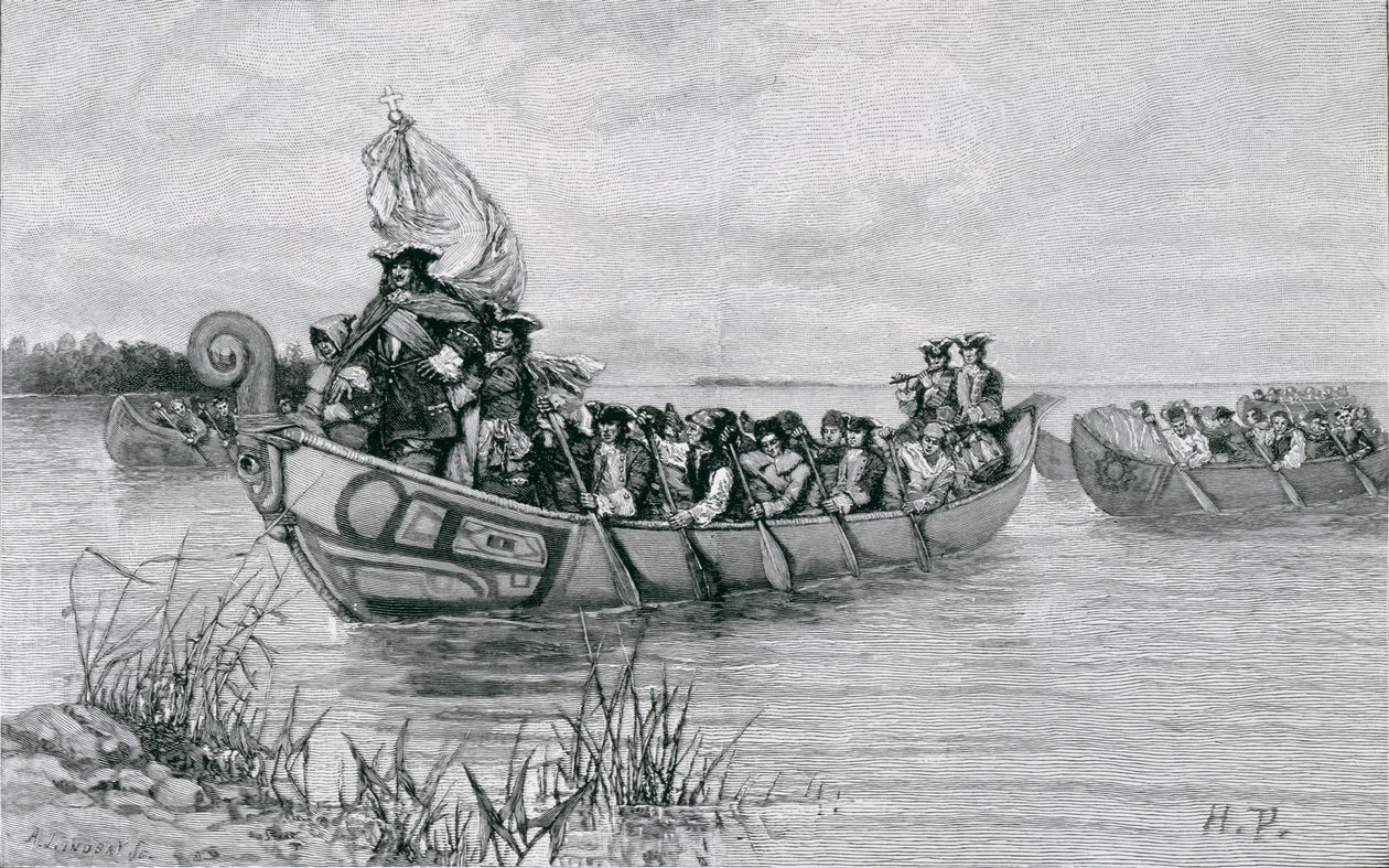 Landningen av Cadillac, illustration från "The City of the Strait" av Edmund Kirke, pub. i Harper