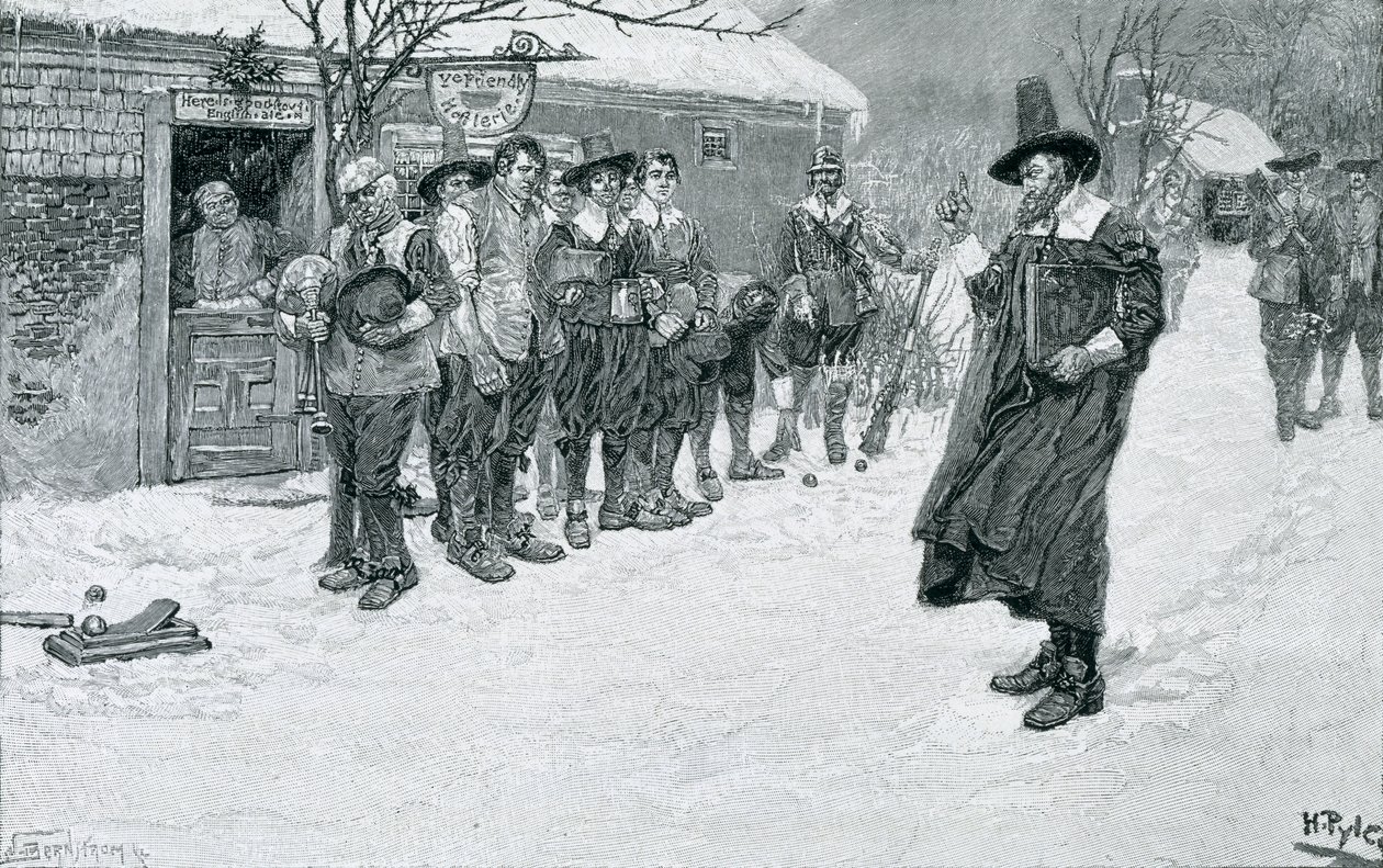 Den puritanska guvernören som avbryter julsporterna, graverad av J. Bernstrom, illustration från "Jul" av George William Curtis, pub. i Harper