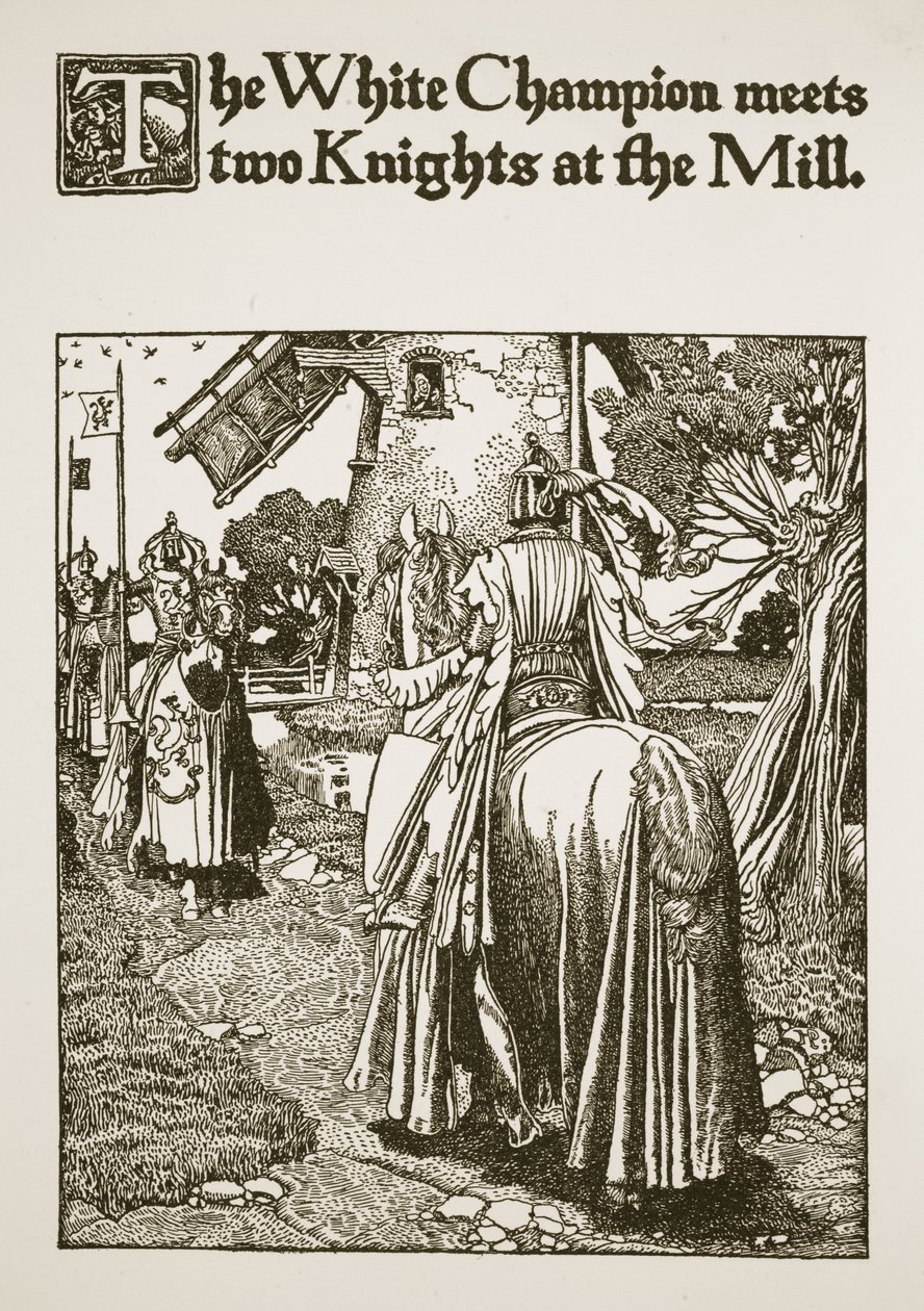 Den vita mästaren möter två riddare vid bruket, illustration från 