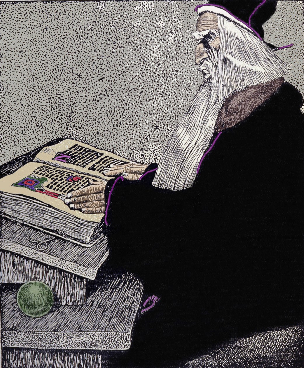 Magikern Merlin. Illustration av Howard Pyle (1853 - 1911), amerikansk serietecknare, för "The Story of King Arthur and His Knights" av Howard Pyle