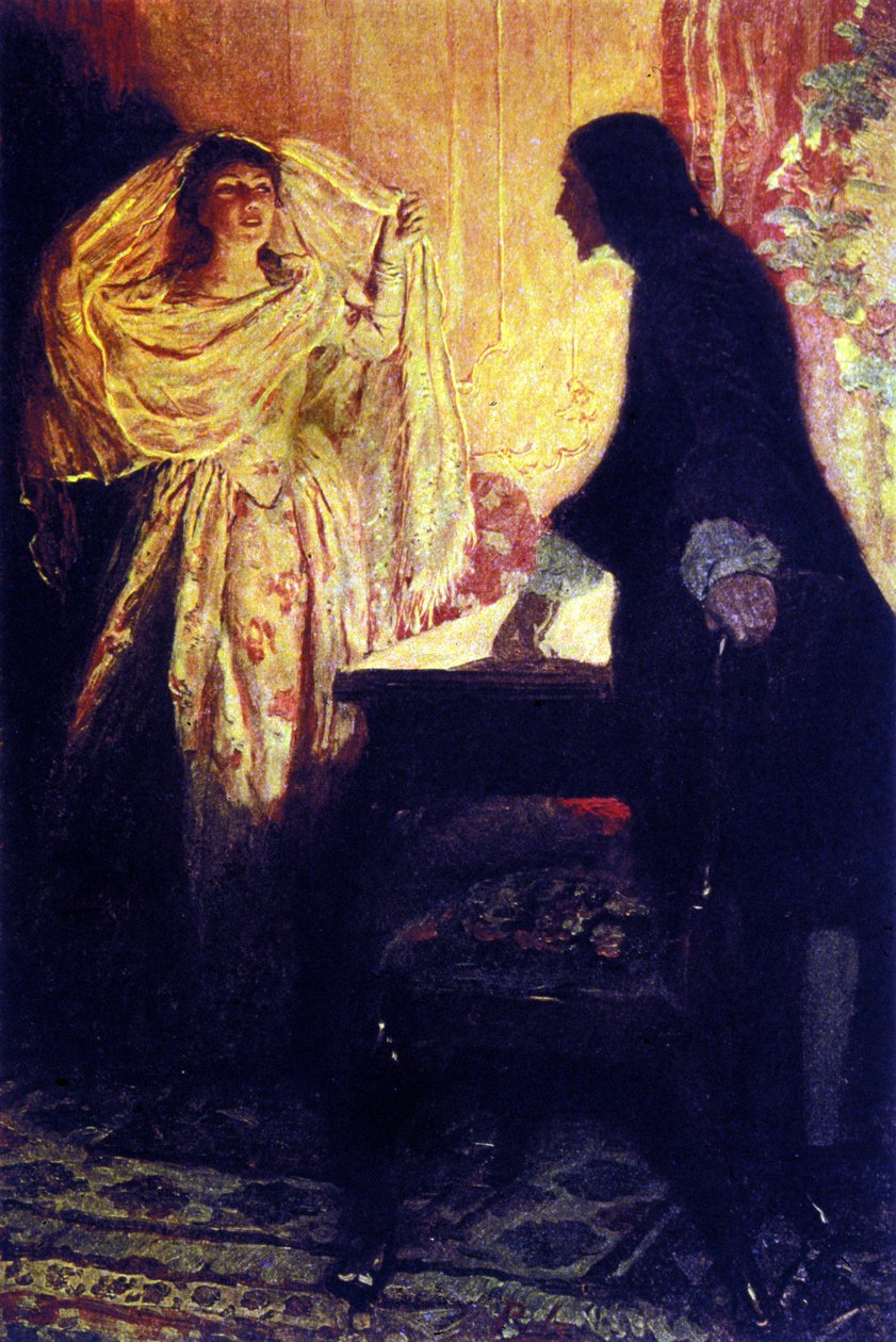 Mötet med kapten Keiths dotter. Illustration från "Book of pirates Buccaneers and Marooners of the Spanish Main" av Howard Pyle (1853-1911), amerikansk illustratör av Howard Pyle