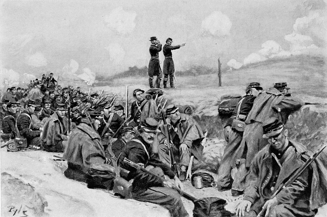"De väntade på order att anfalla", illustration ur "Young" av William Gilmore Beymer, publicerad i Harper