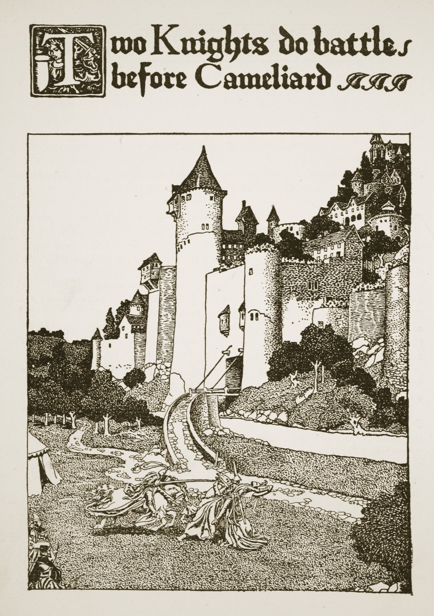 Två riddare slåss före kameljarden, illustration från 