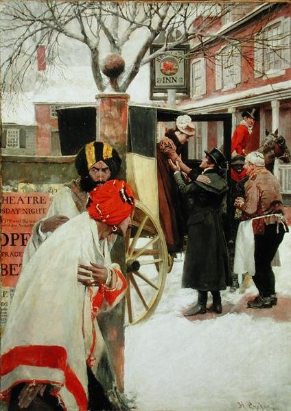 På resans sista etapp stannade de för middag på en krog (eller The Spies), från "The Price of Blood" av Howard Pyle (olja på duk) av Howard Pyle