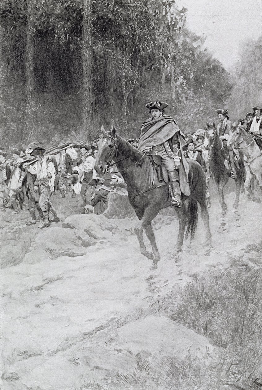 Washingtons reträtt från Great Meadows, illustration från "Colonel Washington" av Woodrow Wilson, publicerad i Harper