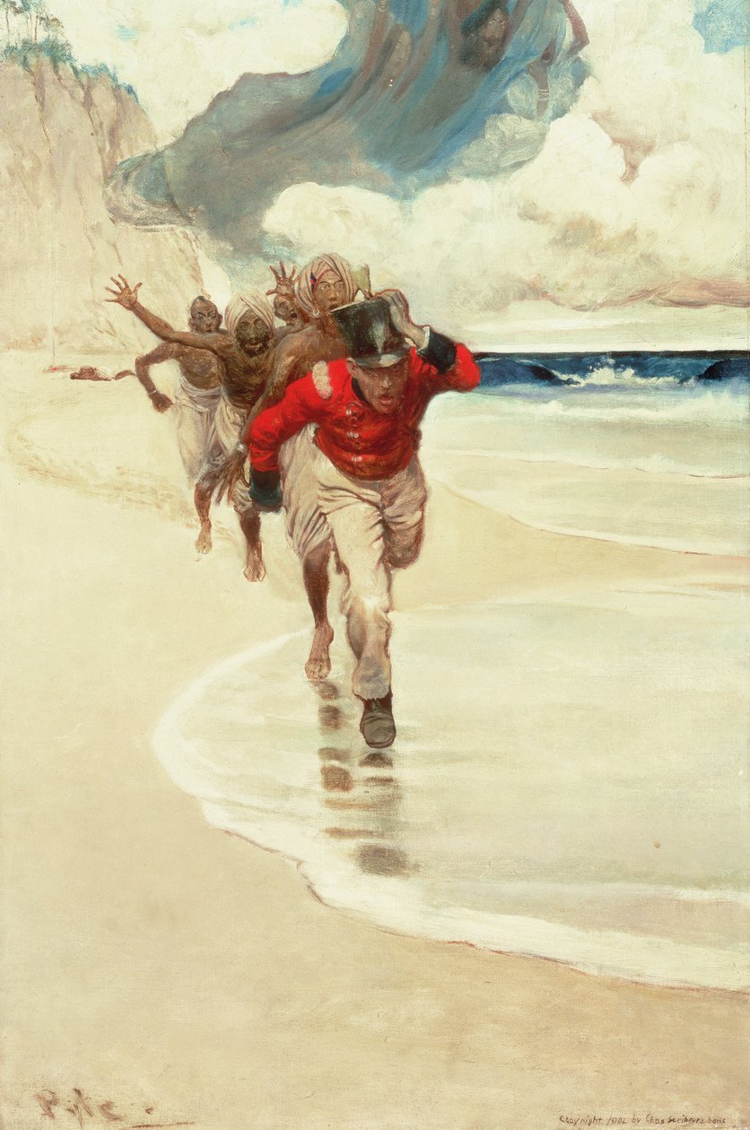 Vi började springa tillbaka till flotten för våra liv, från "Sinbad on Burrator" av Arthur Quiller-Couch (1863-1944), publicerad i Scribner