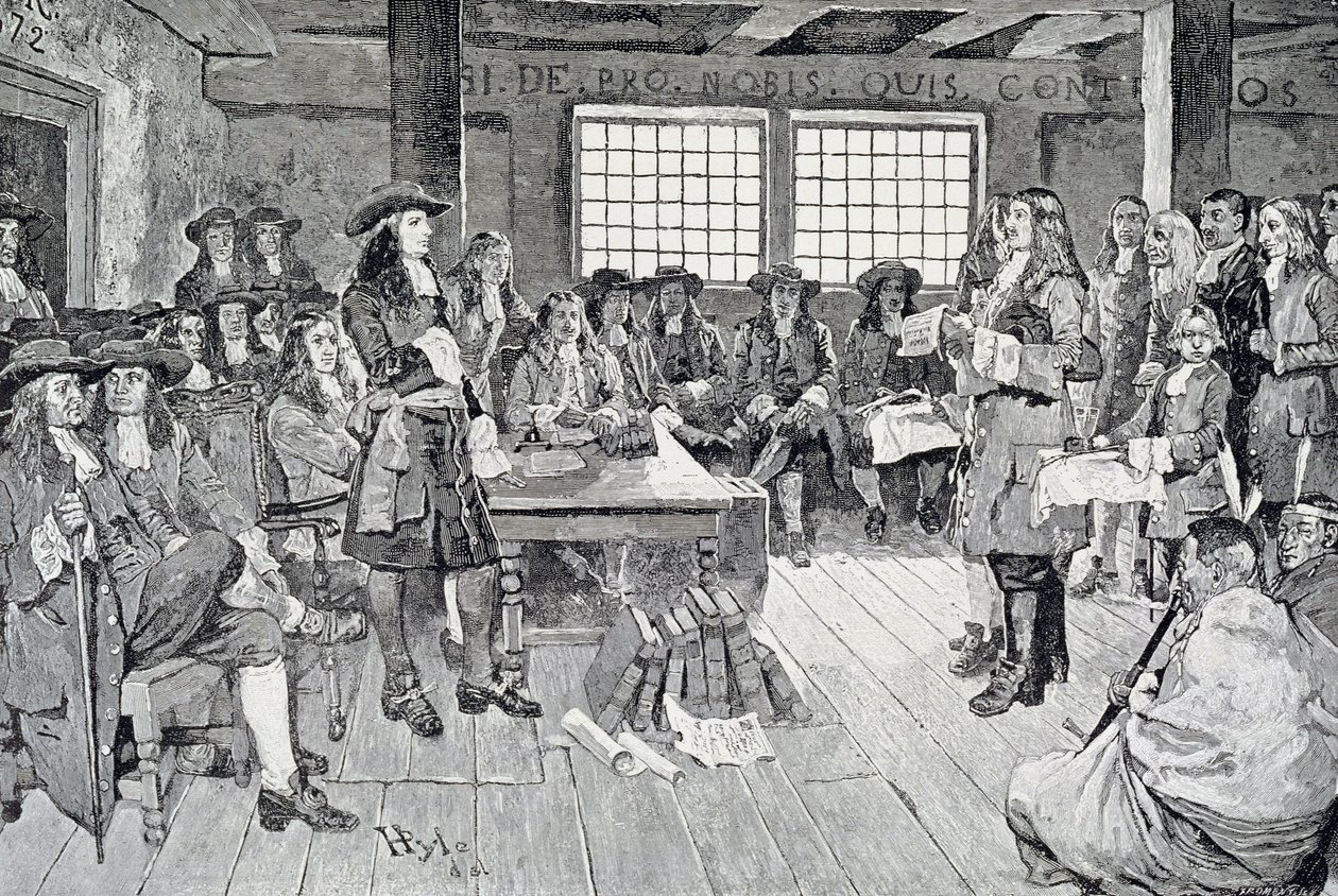 William Penn i konferens med kolonisterna, illustration från puben "The First Visit of William Penn to America". i Harper