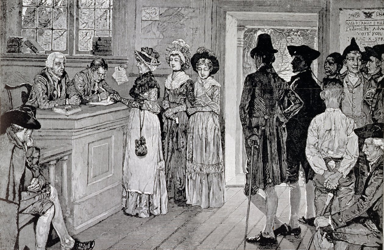 Kvinnor vid röstningarna i New Jersey, illustration från "Kvinnor vid röstningarna i New Jersey i de gamla goda tiderna", pub. i 