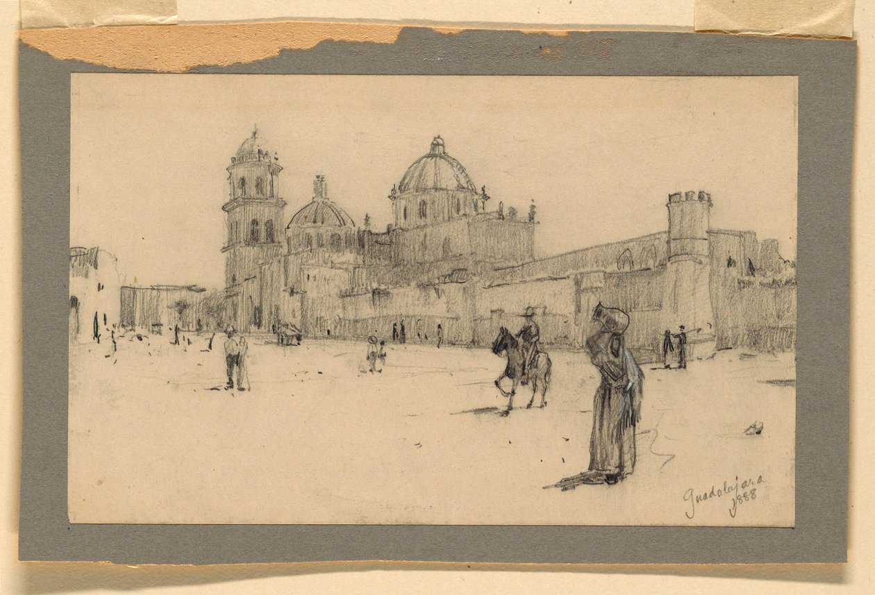 Teckning, En kyrka i Guadalajara (Mexiko), 1888 av Howard Russell Butler