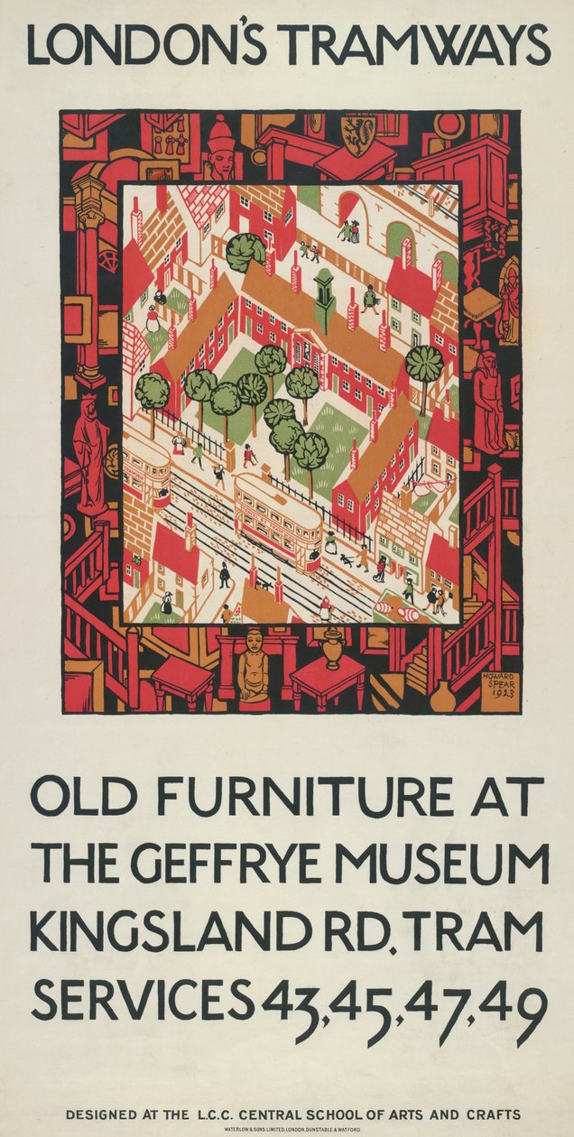 "Gamla möbler på Geffrye Museum", London County Council LCC Tramways affisch, 1924 av Howard Spear