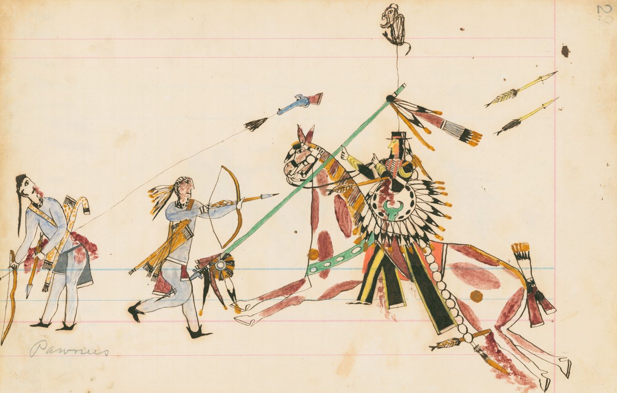 Pawnees, 1874-75 (penna, bläck och wc på huvudbokpapper) av Howling Wolf
