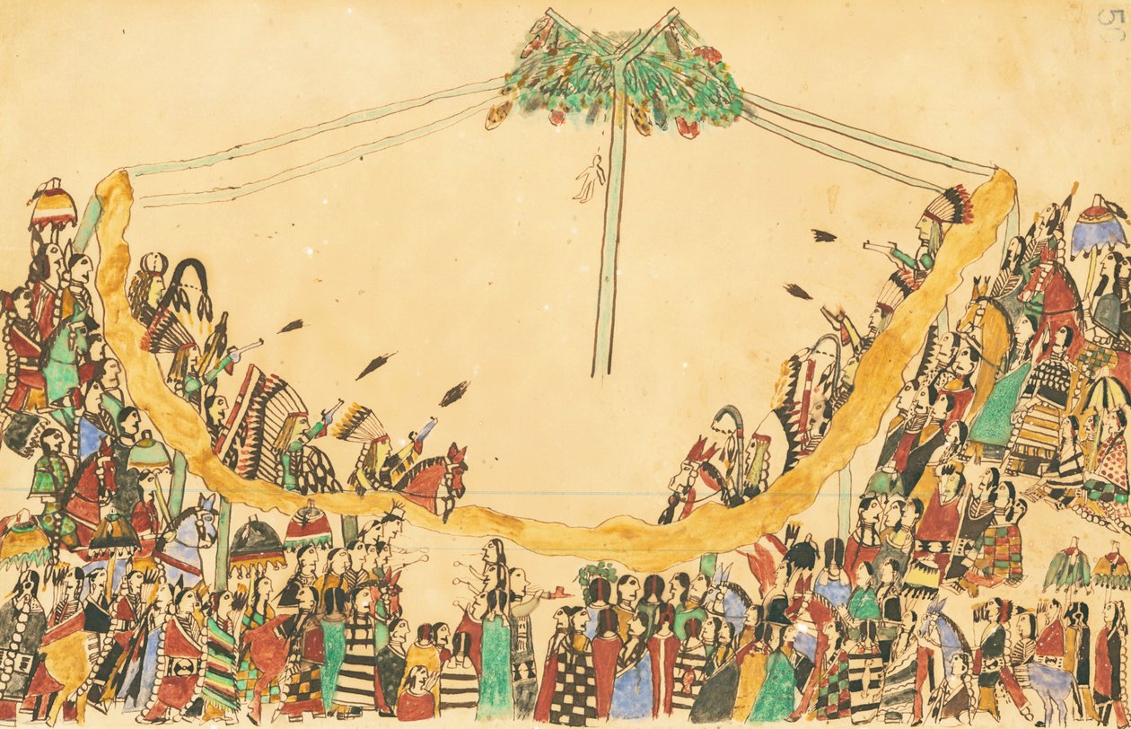 Krigarna gjorde sitt stora inträde till Medicine Lodge innan de började dansen, 1874-75 (penna, bläck och wc på reskontrapapper) av Howling Wolf