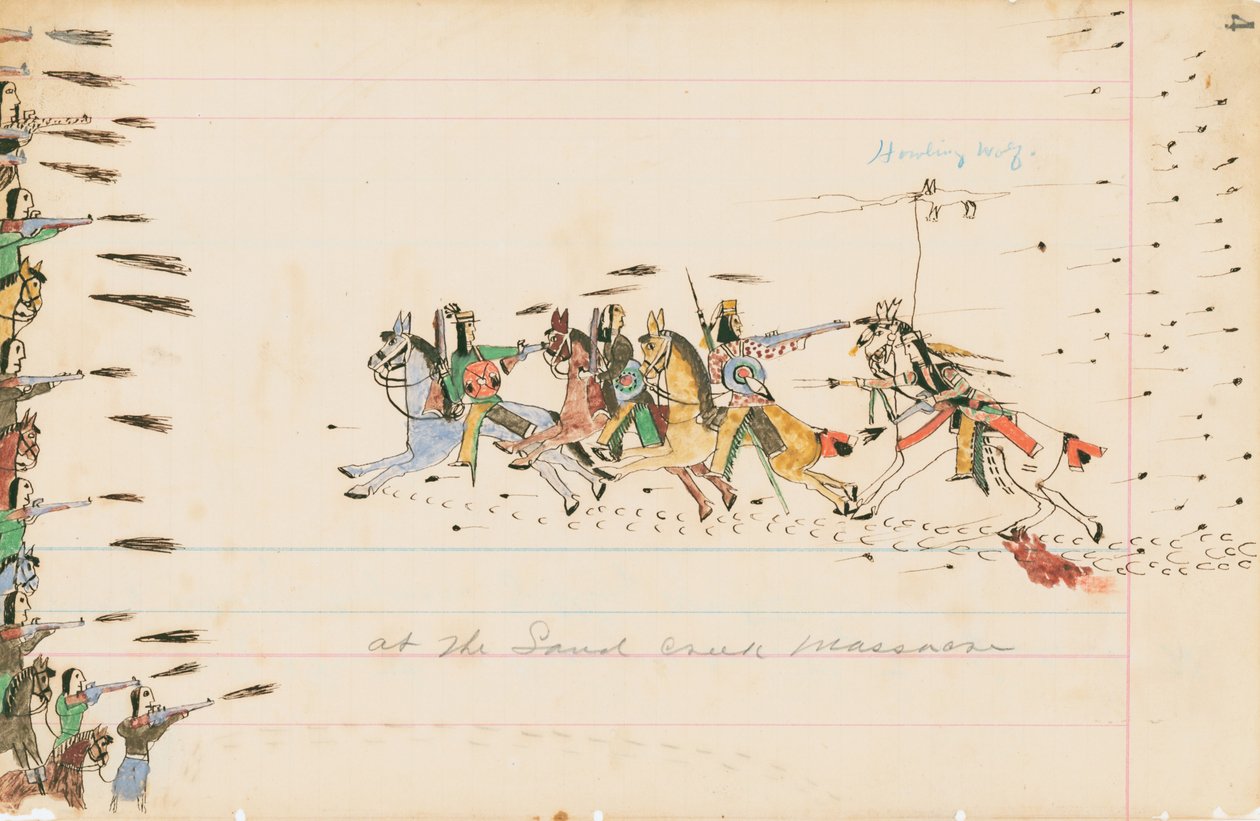 At the Sand Creek Massacre, 1874-75 (penna, bläck och wc på huvudbokpapper) av Howling Wolf