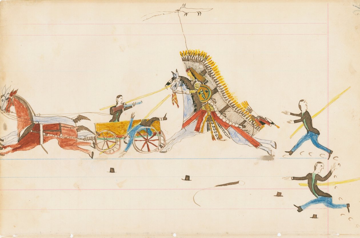 Howling Wolf Fighting Soldiers, 1874-75 (penna, bläck och bläck på huvudbokspapper) av Howling Wolf