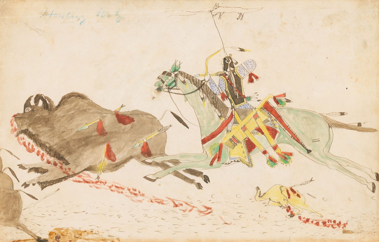 Howling Wolf Hunting Buffalo, 1874-75 (penna, bläck och wc på huvudbokpapper) av Howling Wolf