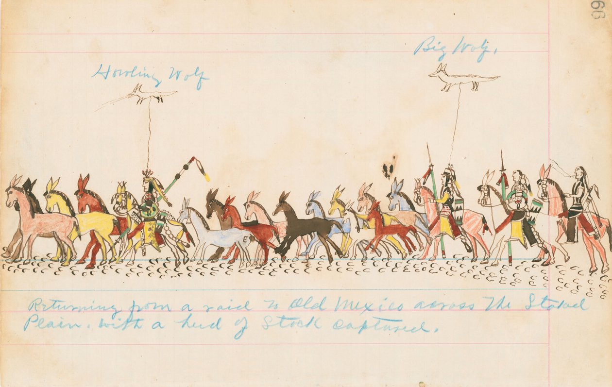 Återvänder från en räd till Gamla Mexiko över Slätten med en flock fångad bestånd, 1874-75 (penna, bläck och wc på reskontrapapper) av Howling Wolf