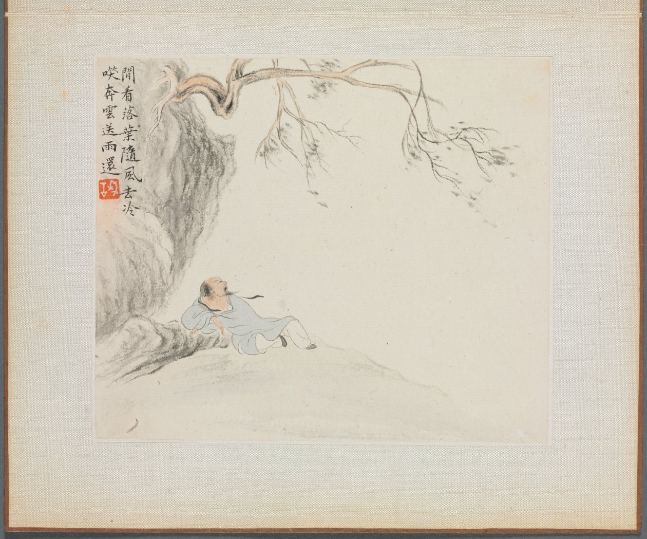 Album med landskapsmålningar som illustrerar gamla dikter: A Man reclines..., 1700-talet. av Hua Yan