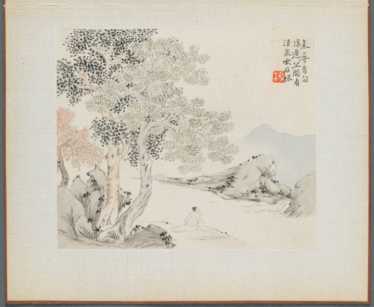 Album med landskapsmålningar som illustrerar gamla dikter: Three Big Trees, a Stream..., 1700-talet. av Hua Yan