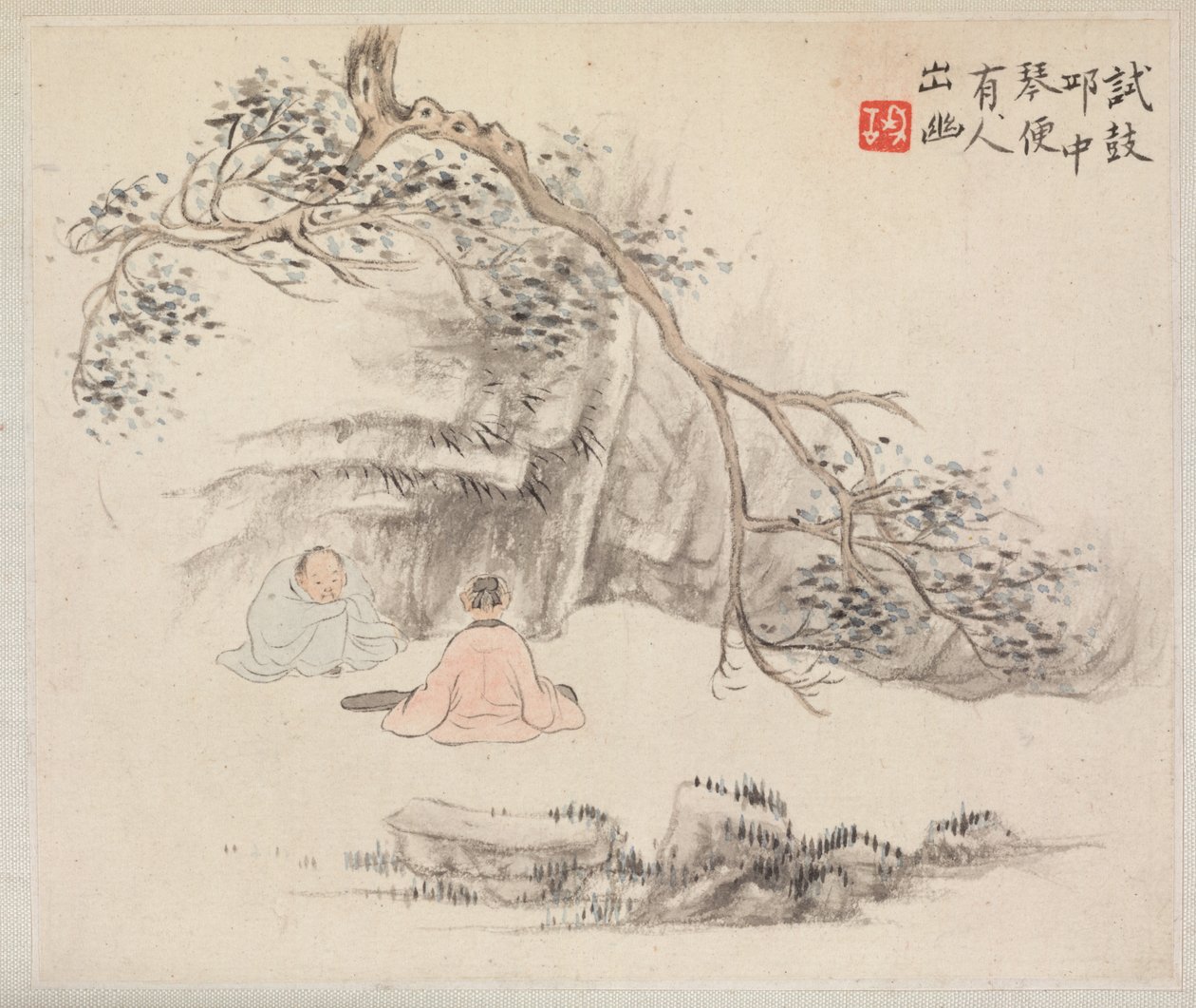 Album med landskapsmålningar som illustrerar gamla dikter: Två figurer utanför..., 1700-talet. av Hua Yan