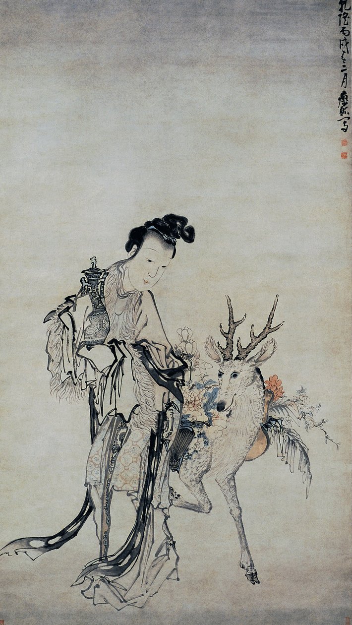 Ma-gu håller en vas,med en hjort av Huang Shen