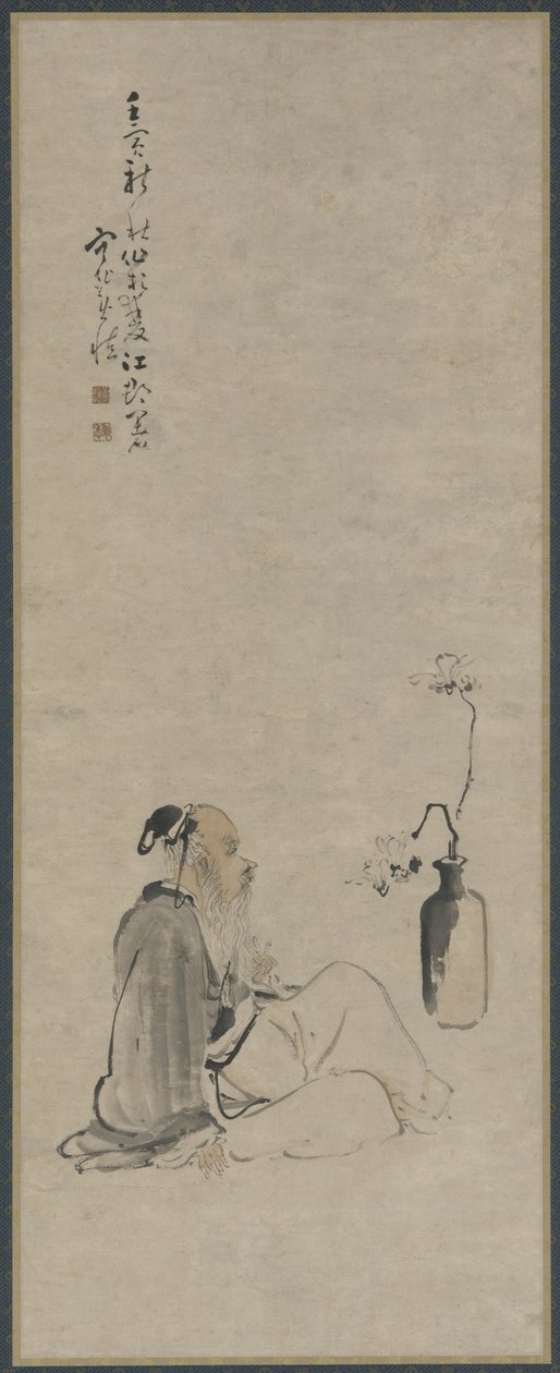 Gammal man tittar på magnoliagrenar i en vas, Qingdynastin, 1722 (bläck och färg på papper) av Huang Shen