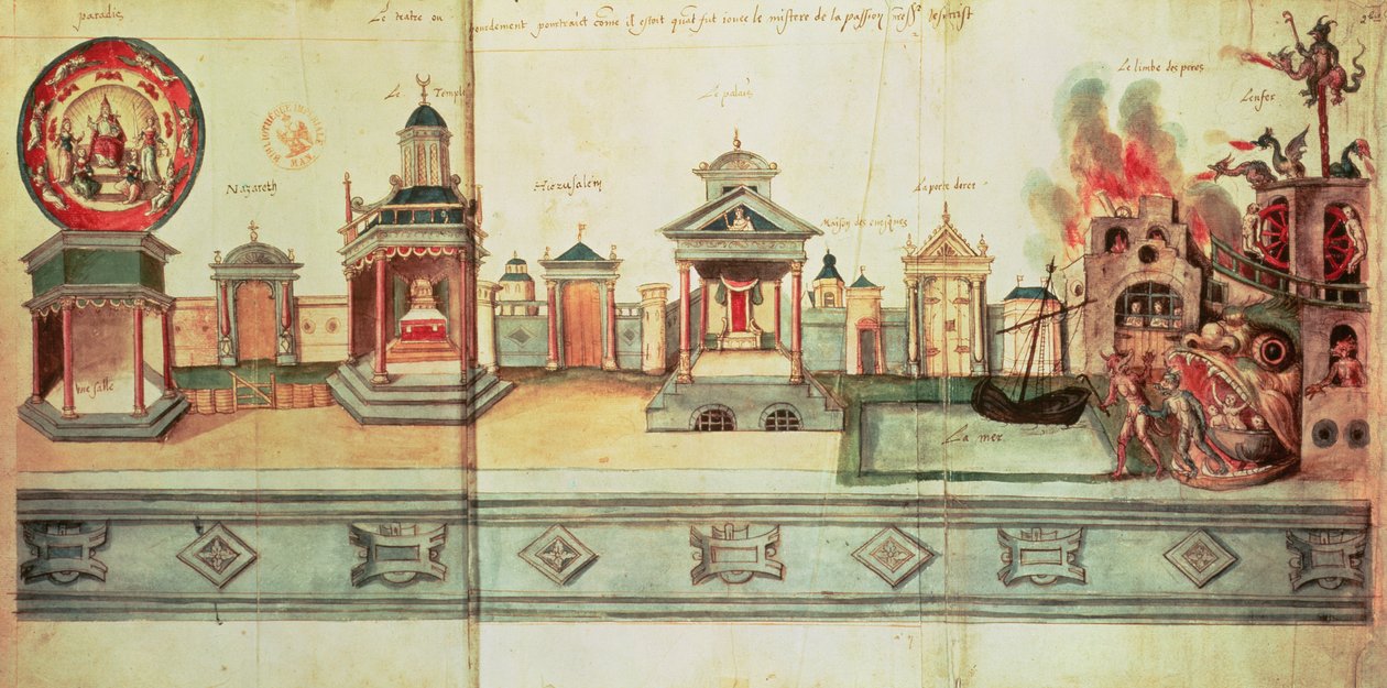 Ms fr.12536 f.2 The Scenery for Valenciennes Mystery Play, 1547 (gouache och bläck) av Hubert Cailleau