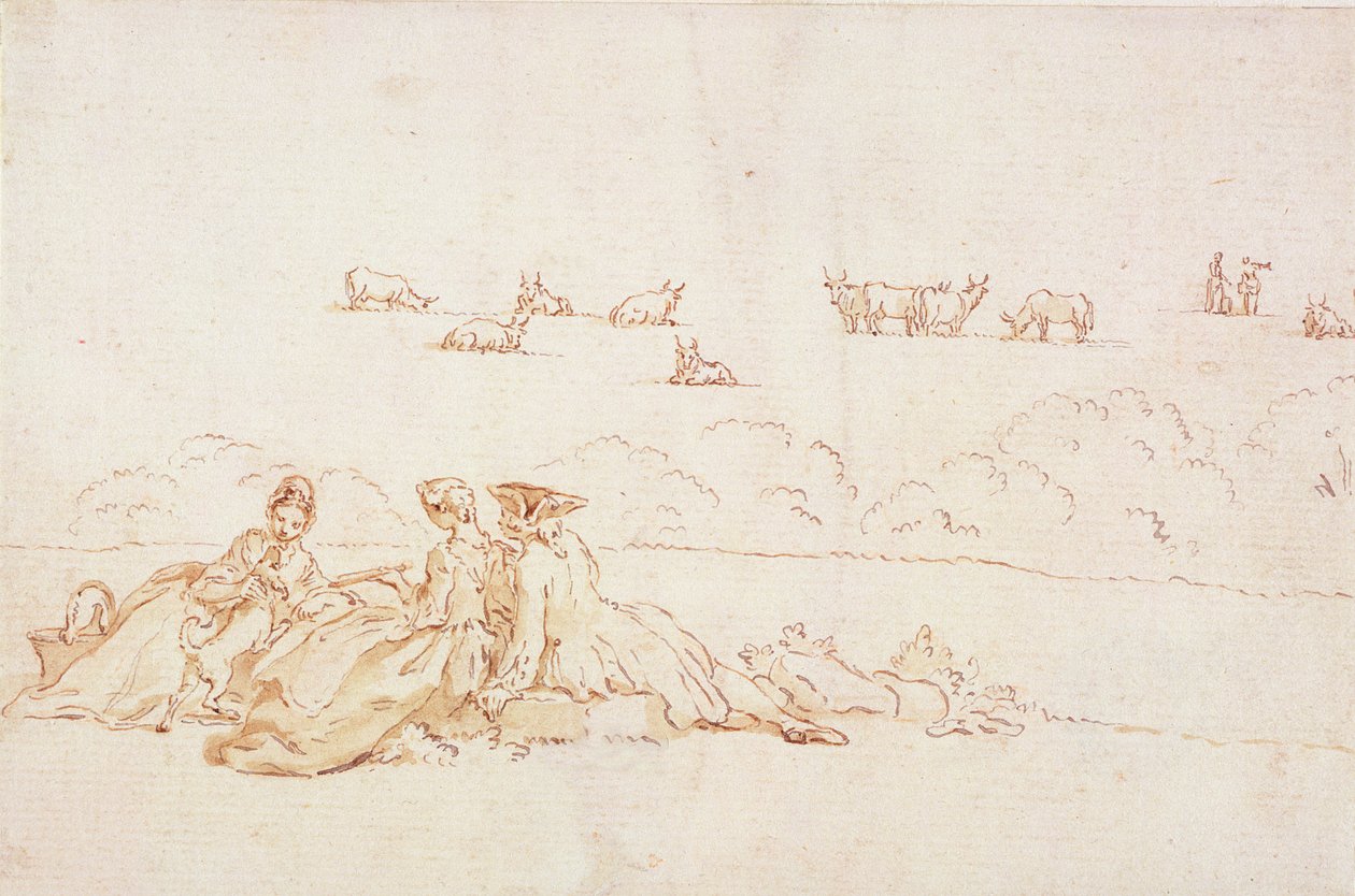 A Picnic: Two Ladies and a Gentleman (brun tvätt med penna och brunt bläck över röd krita på papper) av Hubert Francois Gravelot