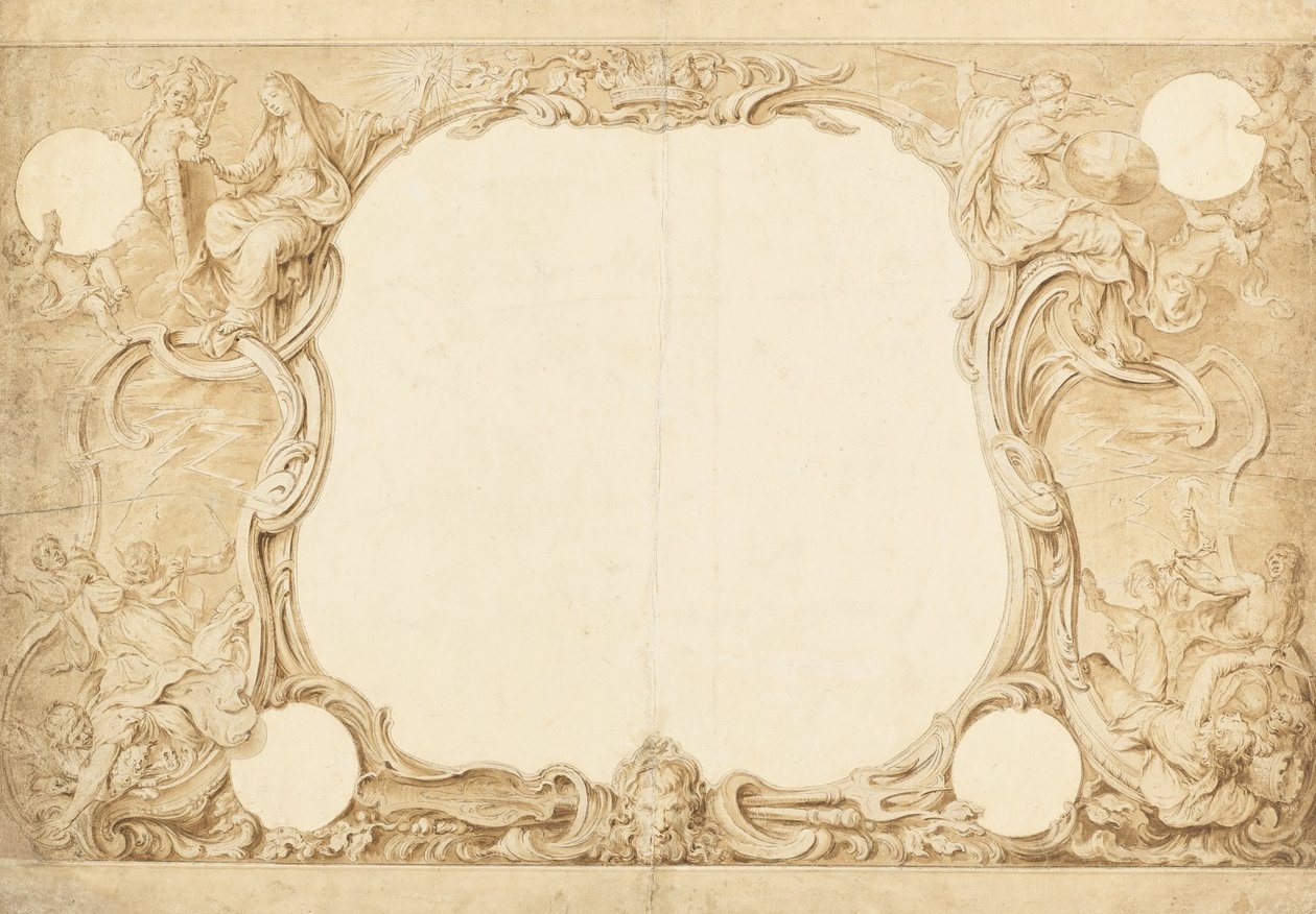 Design för en prydnadsgräns, används för omgivningen till det allmänna diagrammet i John Pines gobeläng ... av Hubert Francois Gravelot