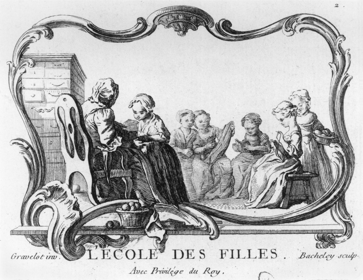 Flickskola, syklassen, graverad av Jacques Bacheley (1712-81) av Hubert Francois Gravelot