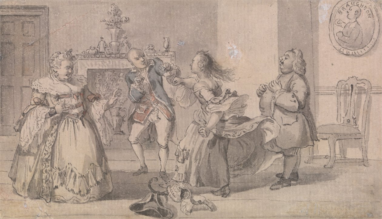 Bröllopskrig, med ett porträtt av slagskämpen John Broughton i bakgrunden. av Hubert Francois Gravelot