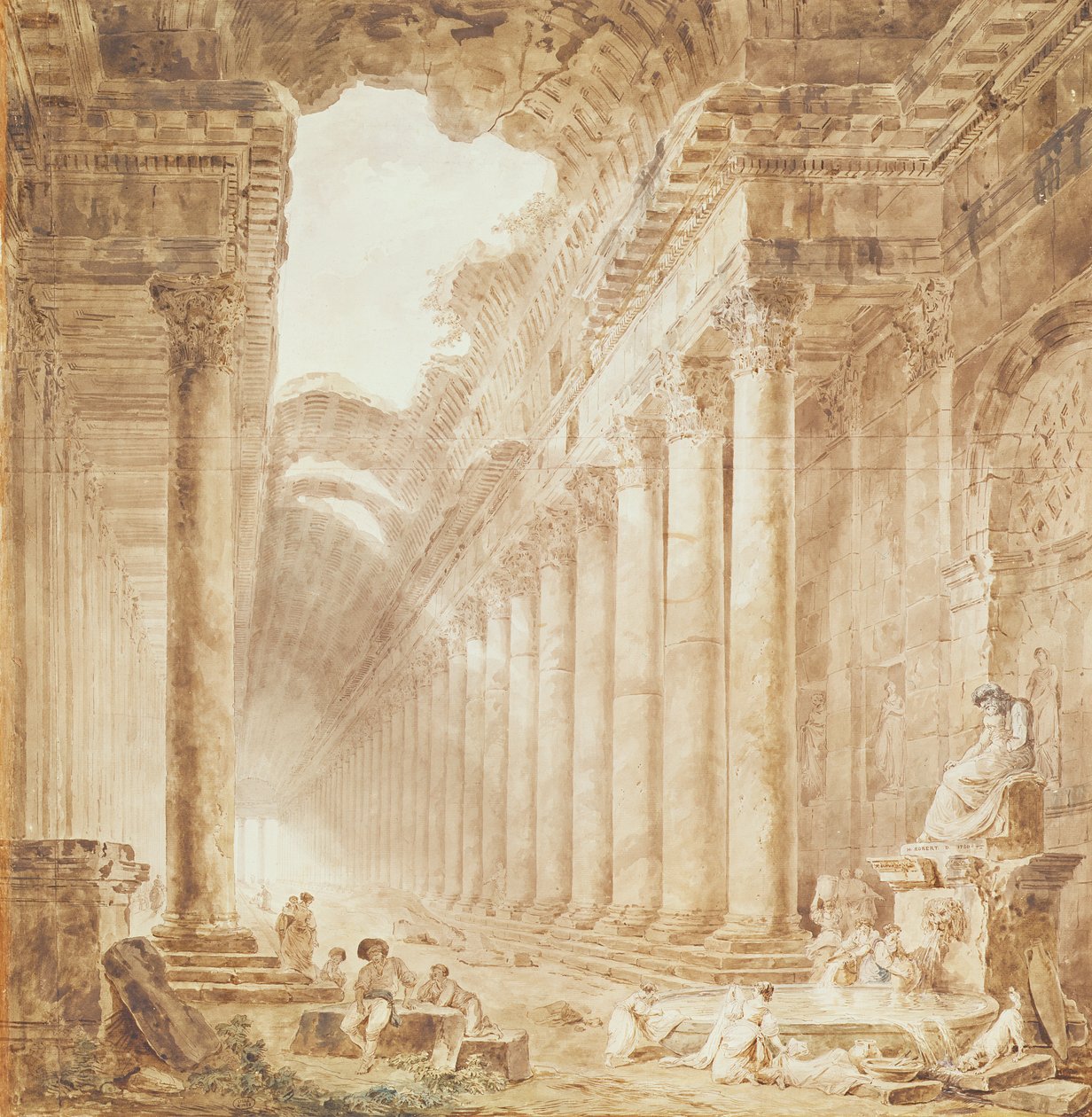 A Colonnade in Ruins, 1780 (penna och bläck och wc på papper) av Hubert Robert