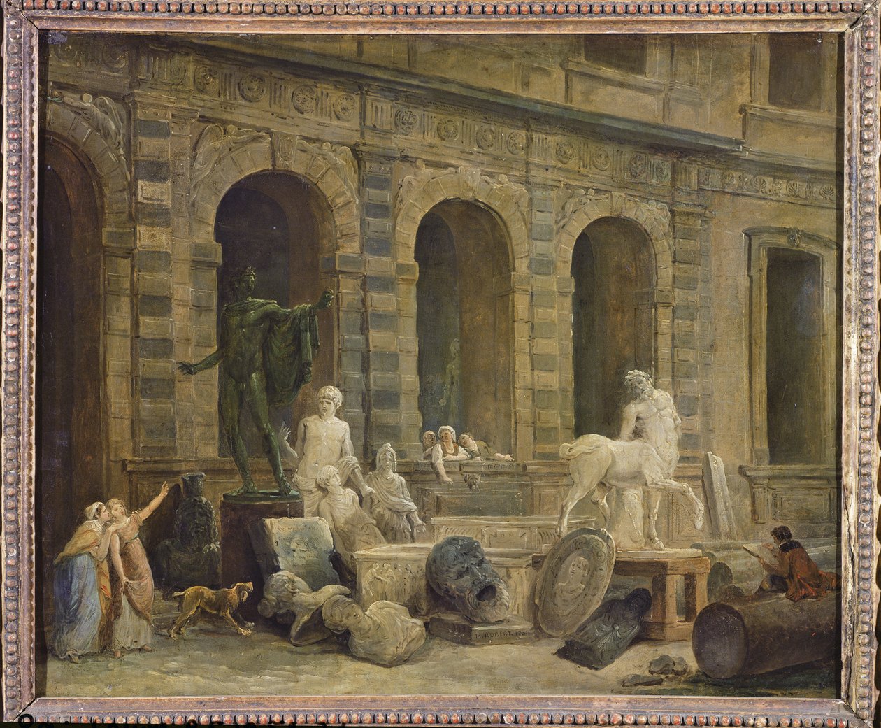 En man som ritar antikviteter framför Louvrens Petite Galerie, 1781 av Hubert Robert