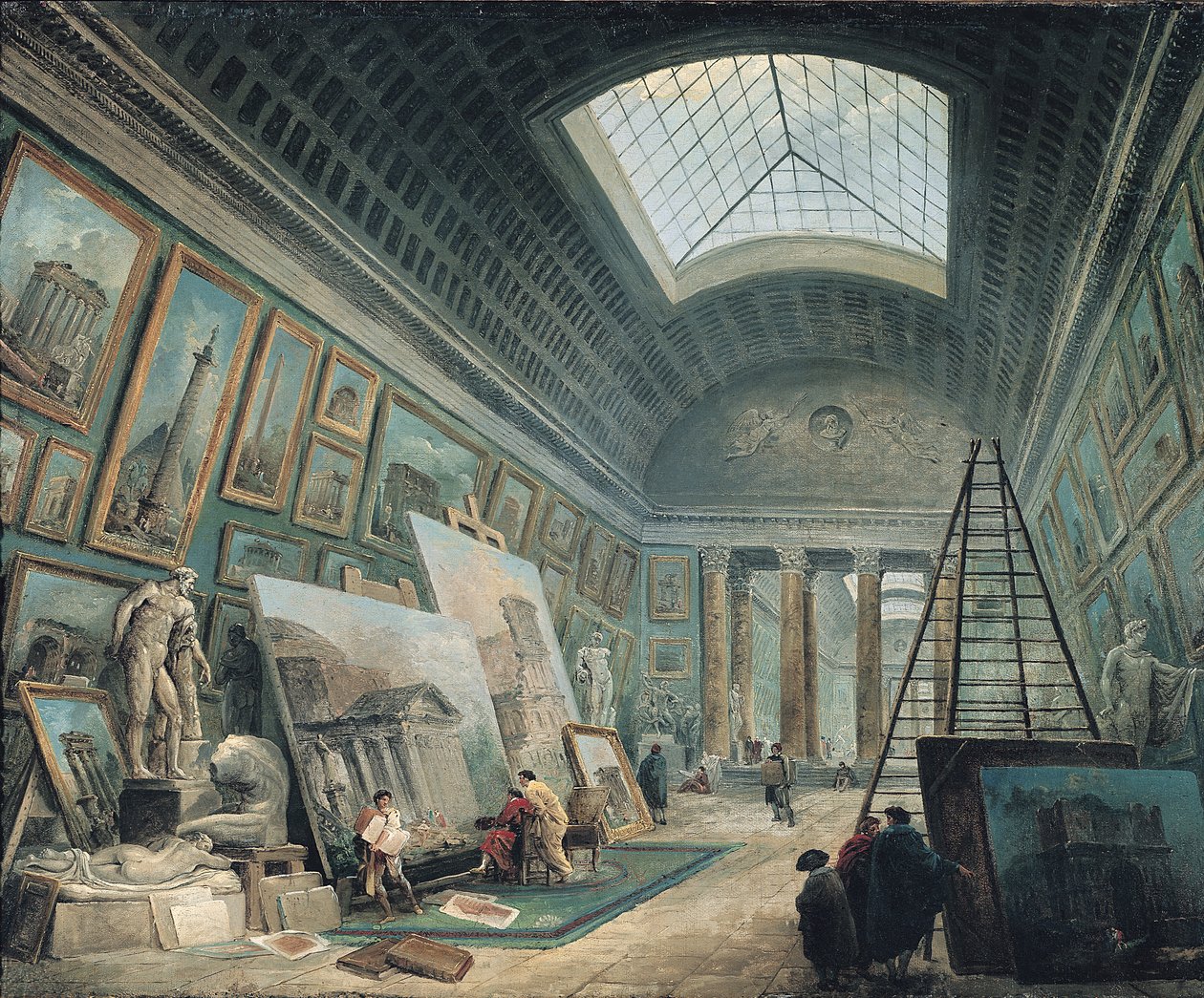Ett museumsgalleri med antik romersk konst, före 1800 av Hubert Robert