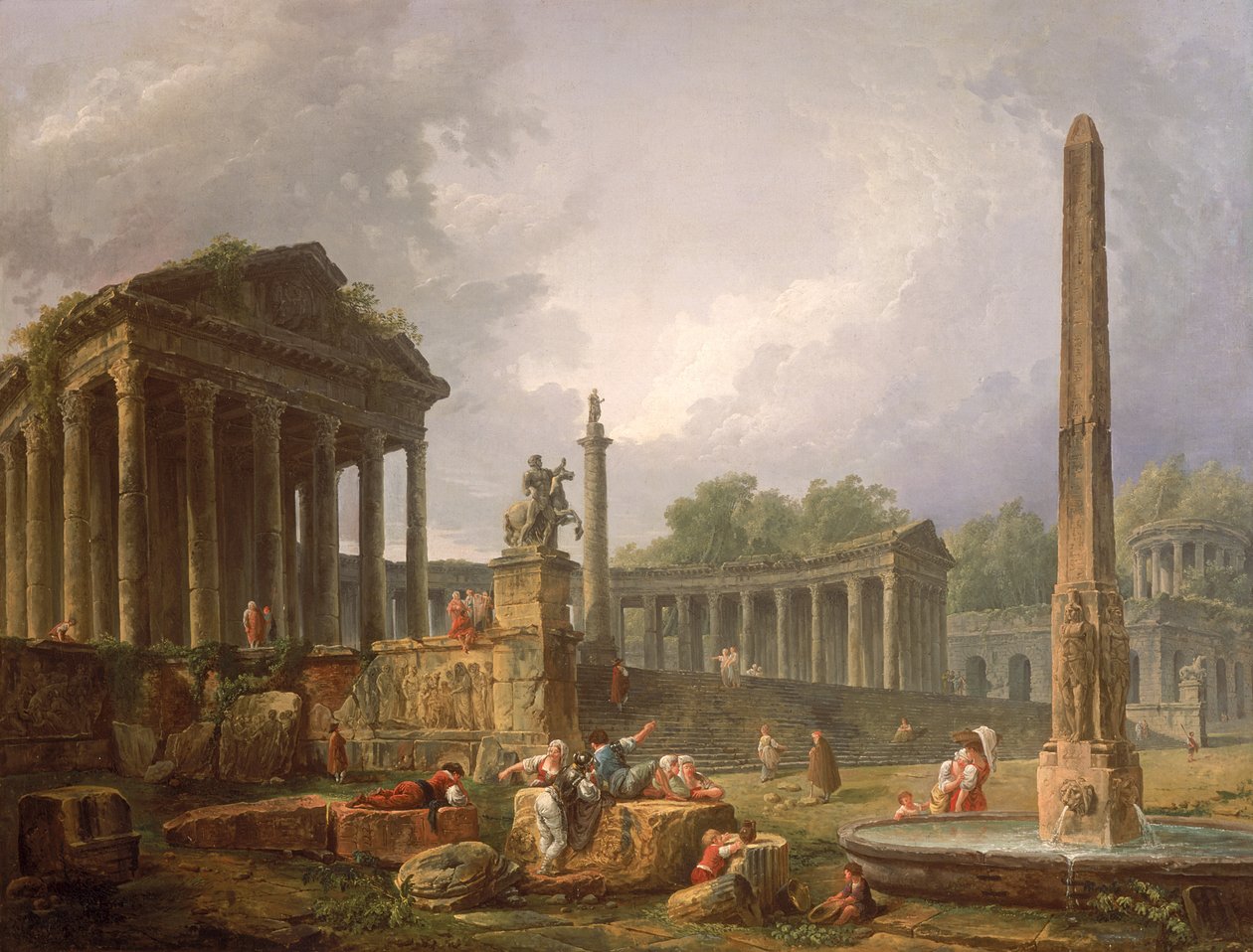 Arkitektonisk Capriccio med tempel och obelisk, 1798 av Hubert Robert
