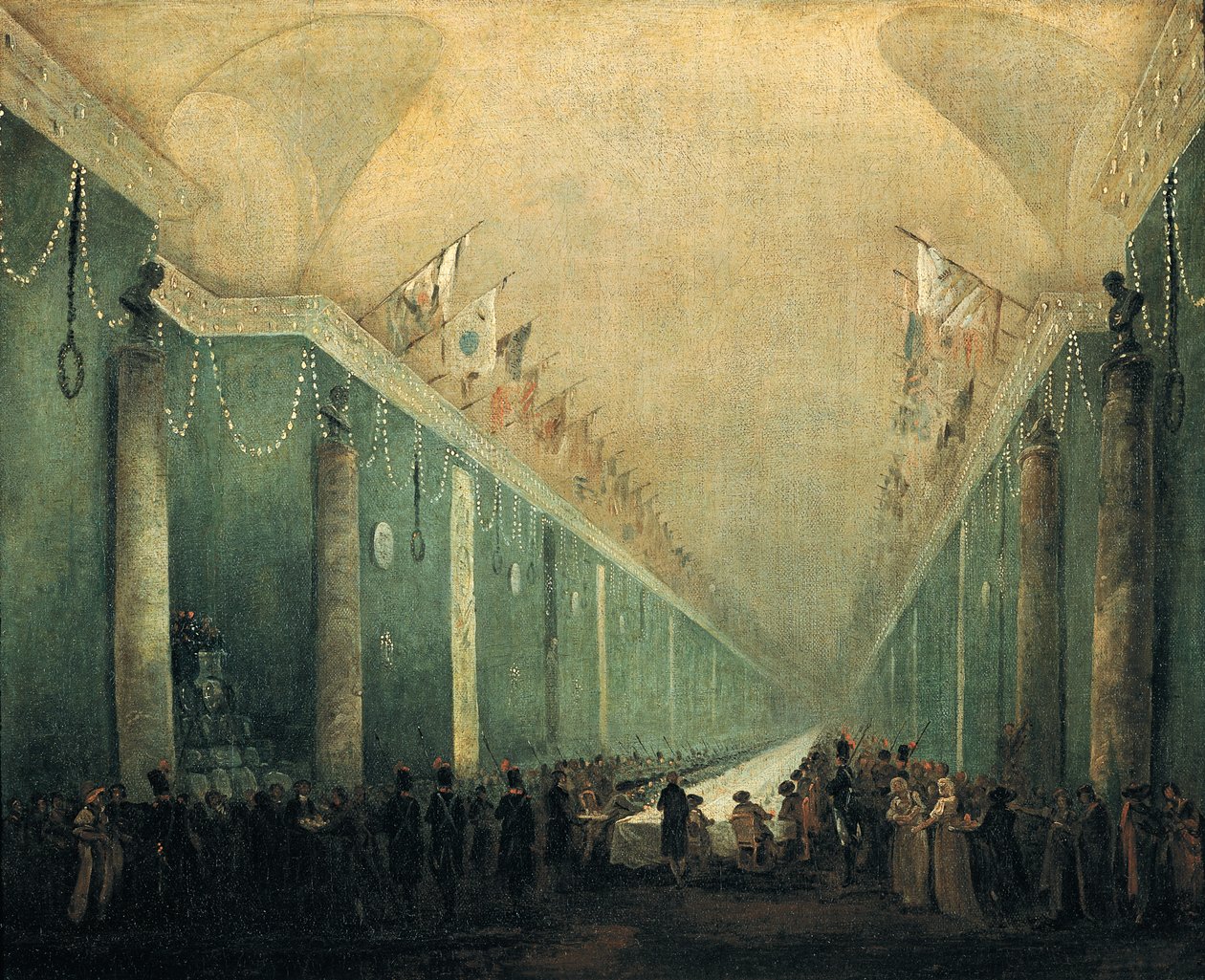 Bankett ges för Napoleon Bonaparte (1769-1821) i Grande Galerie på Louvren, 20 december 1797 av Hubert Robert