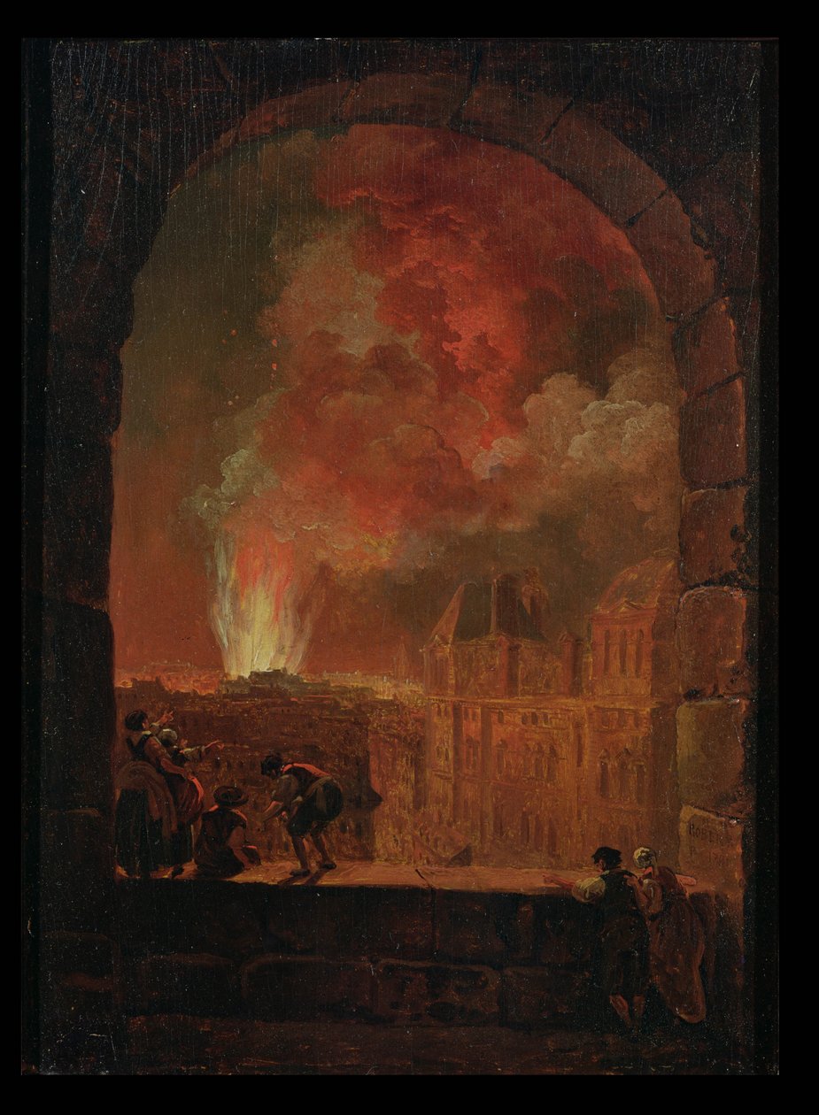 Brand ved Operaen i Palais-Royal, Udsigt fra Louvre, 1781 swed av Hubert Robert